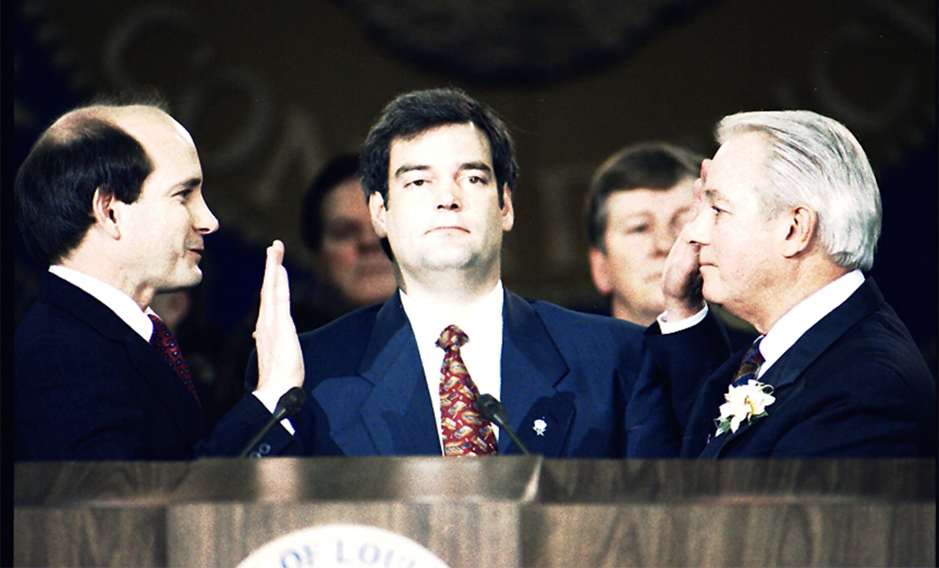 dwin Edwards, his son Stephen, left, being sworn in as governor of Louisiana for an unprecendented fourth term Monday. in 1992.